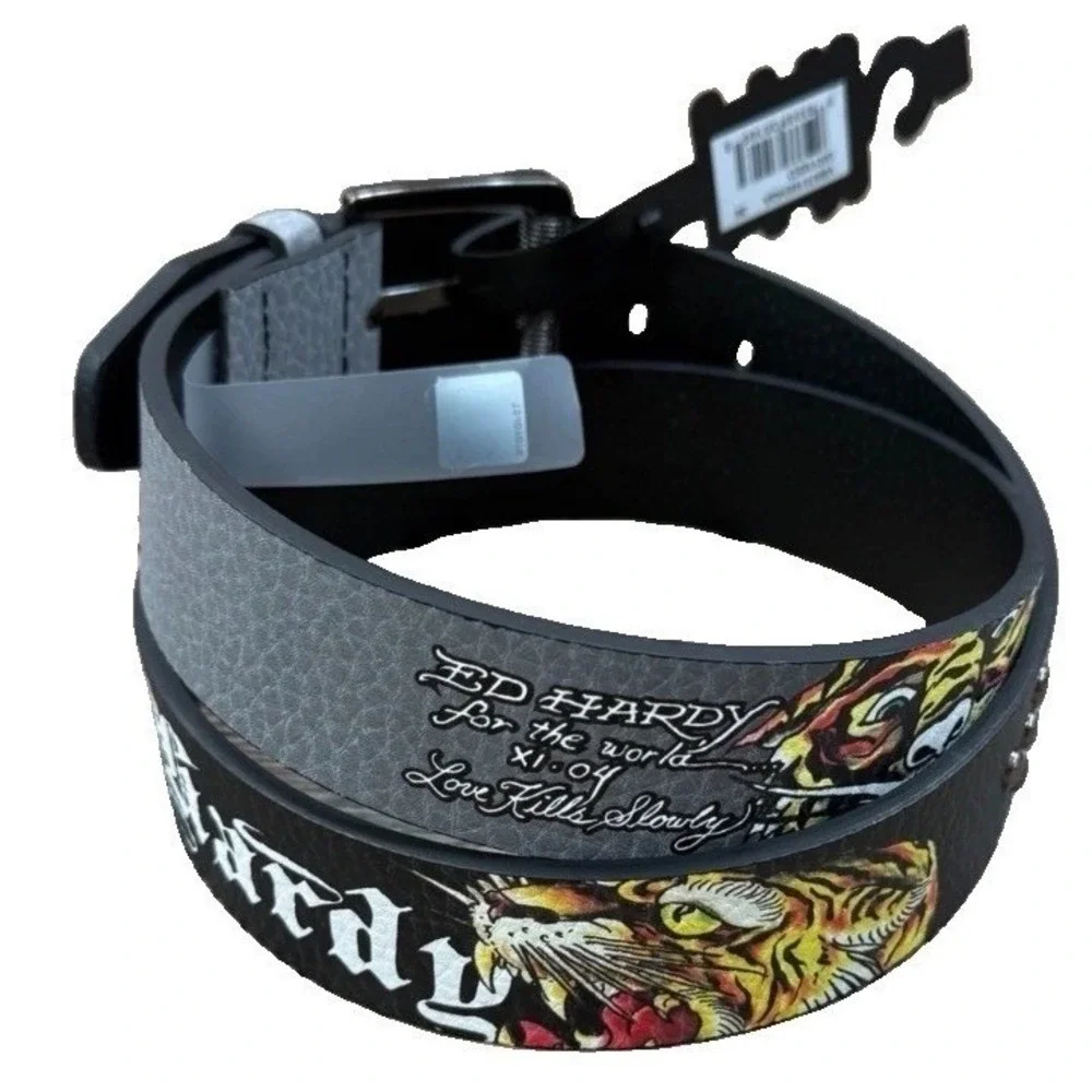 Ed Hardy Men's Gray Belt Tiger Tattoo Love Kills Slowly VB97510EHQA Size 36 New